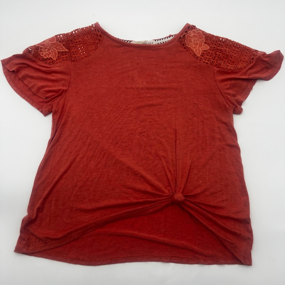 Rewind Womens Rust Orange Crochet Lace Floral Shoulder Knot Front Top Medium - Picture 3 of 10